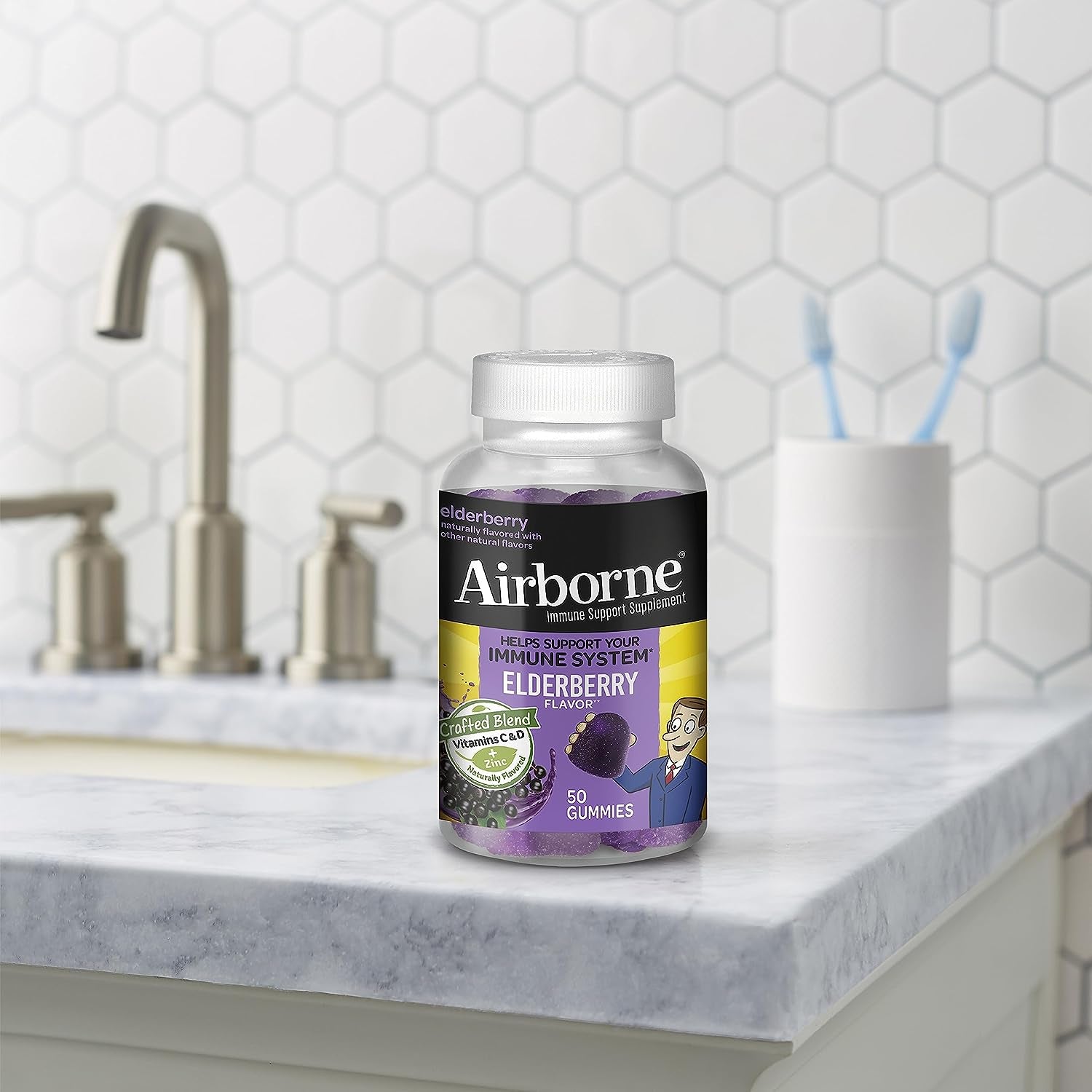 Elderberry + Zinc & Vitamin C Gummies for Adults, Immune Support Vitamin D & Zinc Gummies with Powerful Antioxidant Vitamins C D & E - 50 Gummies, Elderberry Flavor