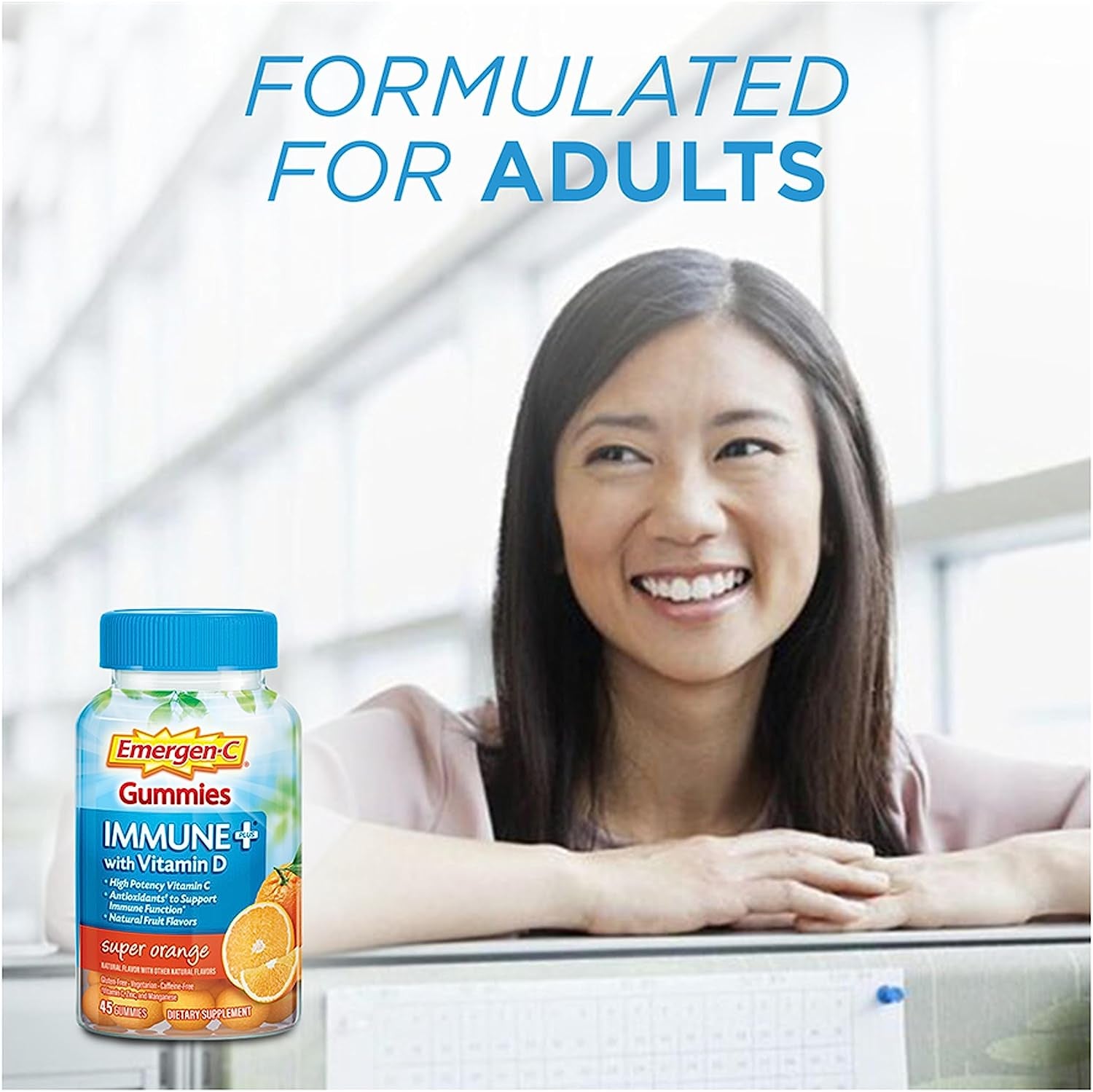 Immune+ Immune Gummies, Vitamin D plus 750 Mg Vitamin C, Immune Support Dietary Supplement, Caffeine Free, Gluten Free, Super Orange Flavor - 45 Count
