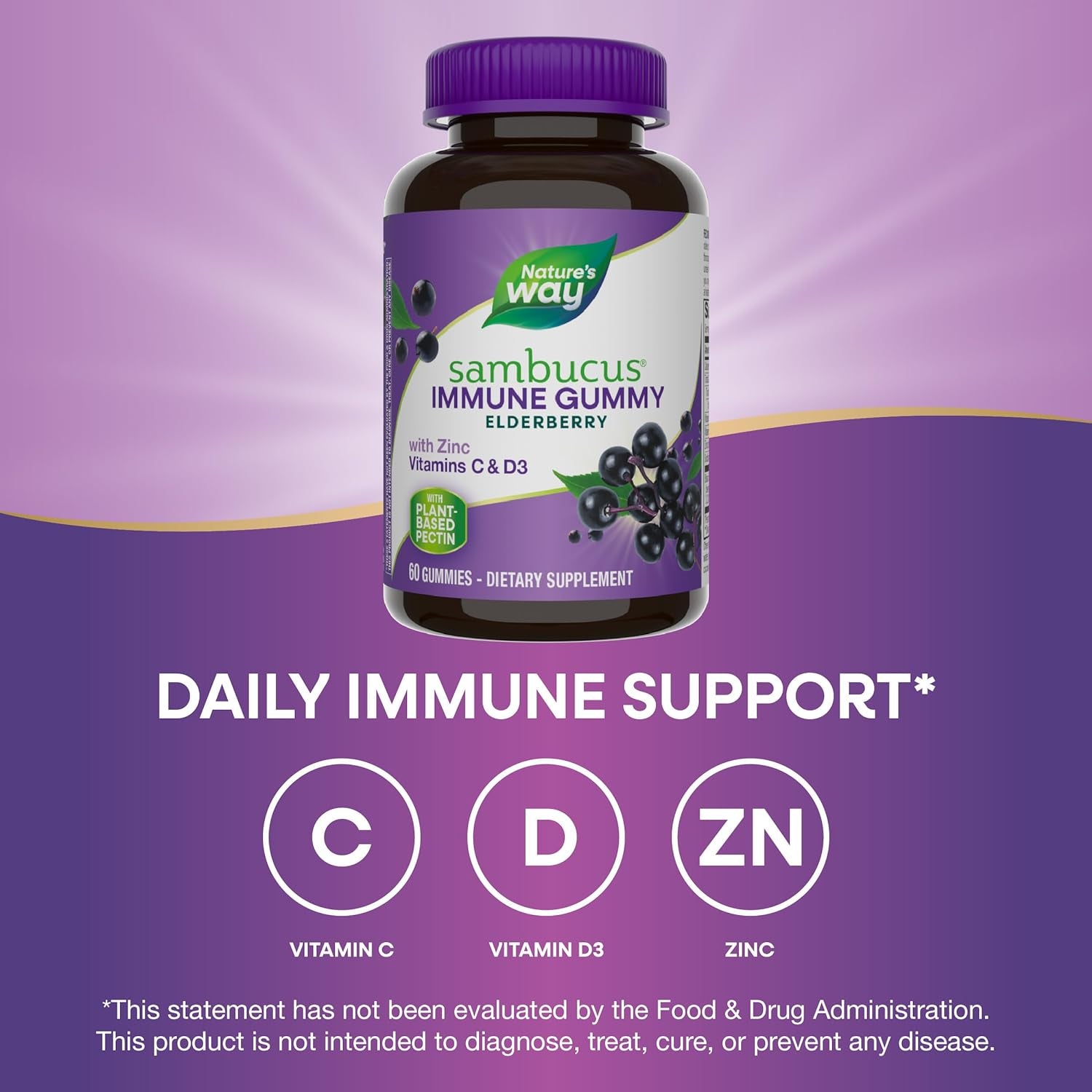 Nature’S Way Sambucus Elderberry Immune Gummies, Daily Immune Support for Kids and Adults*, with Vitamin C, Vitamin D3, Zinc, Gluten Free, Vegetarian, 60 Gummies (Packaging May Vary)