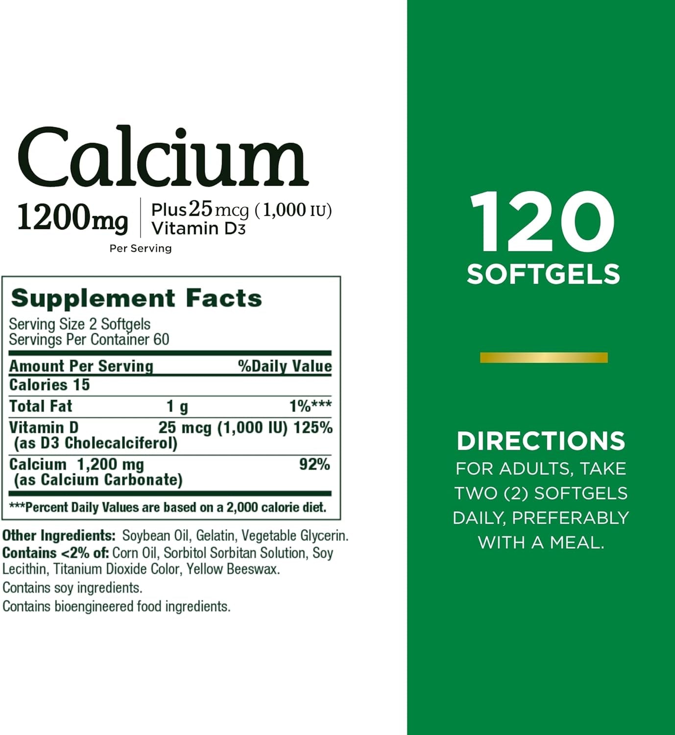 Calcium Carbonate & Vitamin D, Supports Immune Health & Bone Health, 1200Mg Calcium & 1000IU Vitamin D3, 120 Softgels