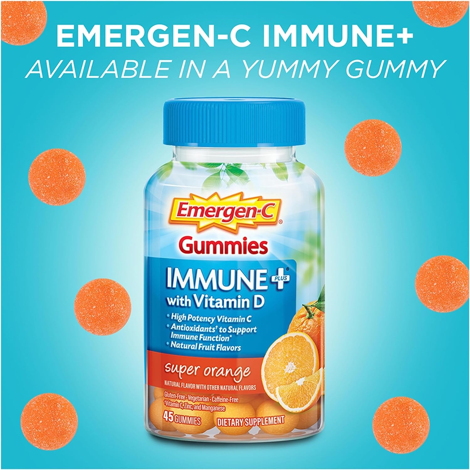 Immune+ Immune Gummies, Vitamin D plus 750 Mg Vitamin C, Immune Support Dietary Supplement, Caffeine Free, Gluten Free, Super Orange Flavor - 45 Count