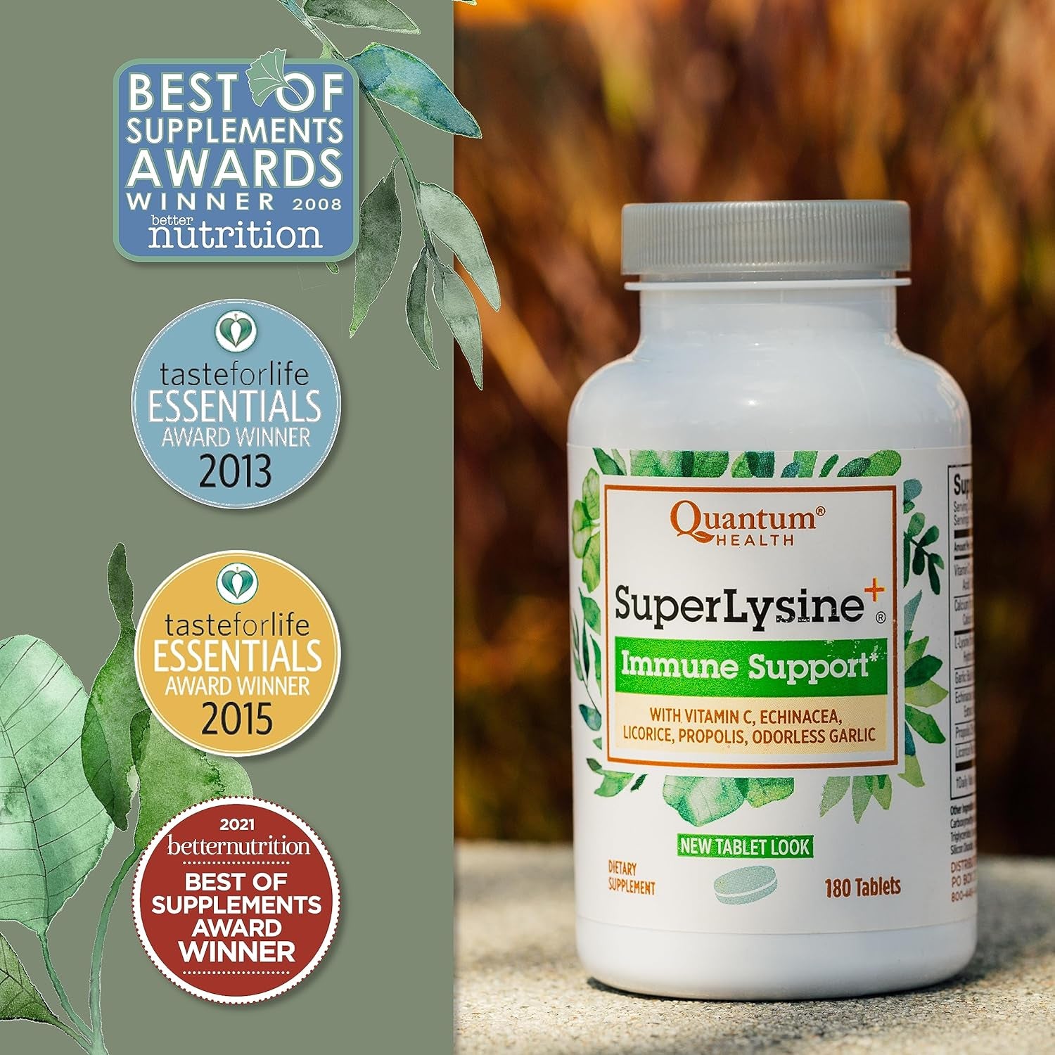 Super Lysine+ / Advanced Formula Lysine+ Immune Support with Vitamin C, Echinacea, Licorice, Propolis, Odorless Garlic (180 Tablets), Packaging May Vary