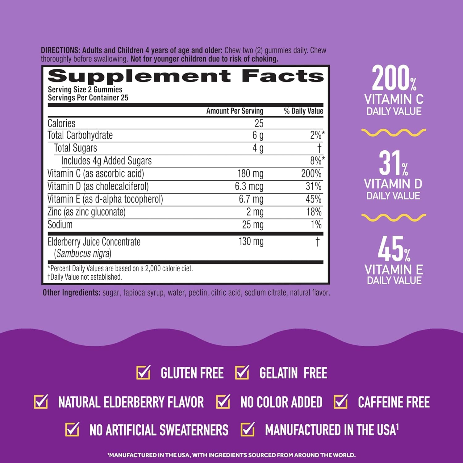 Elderberry + Zinc & Vitamin C Gummies for Adults, Immune Support Vitamin D & Zinc Gummies with Powerful Antioxidant Vitamins C D & E - 50 Gummies, Elderberry Flavor