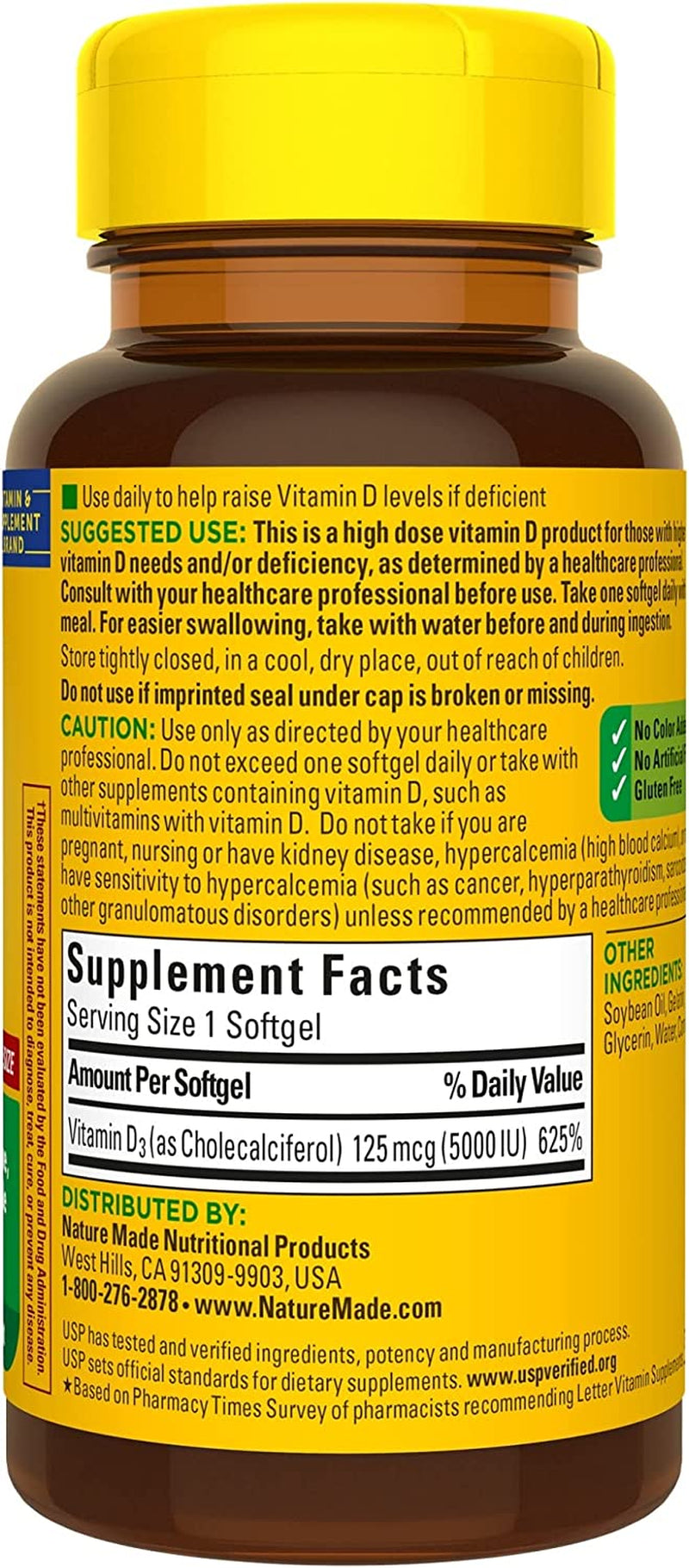 Extra Strength Vitamin D3 5000 IU (125 Mcg), Dietary Supplement for Bone, Teeth, Muscle and Immune Health Support, 180 Softgels, 180 Day Supply