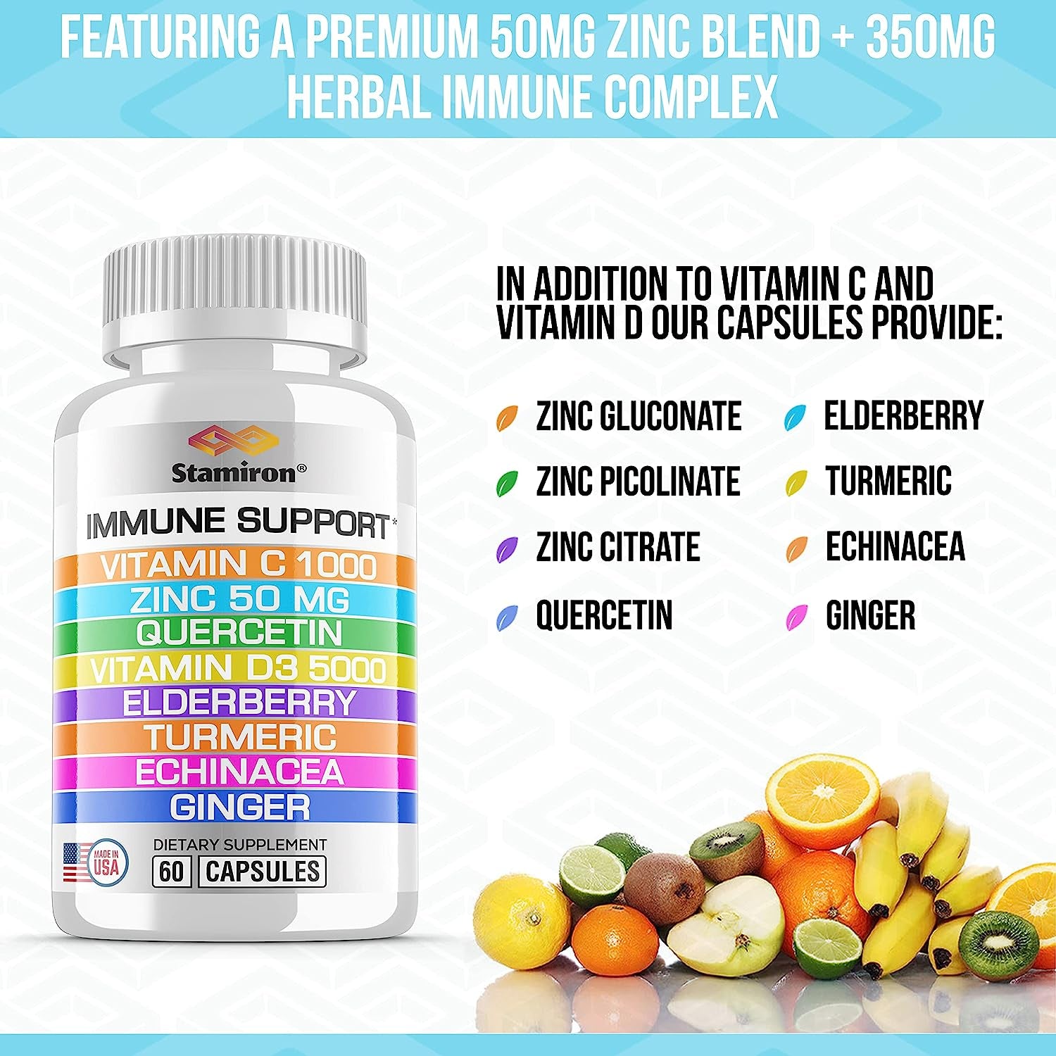 8 in 1 Immune Support with Quercetin Zinc 50Mg Vitamin C 1000Mg Vitamin D3 5000 IU and Elderberry Echinacea Ginger for Adults Kids - Vit D Immunity Defense Booster Supplement Veg Capsules Made in USA