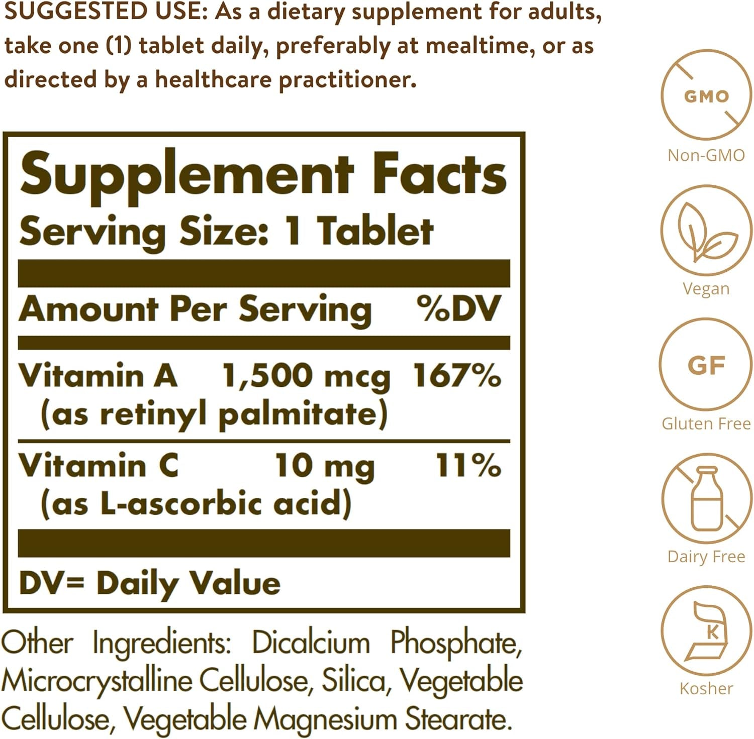 Dry Vitamin a 1500 Mcg (5000 IU), 100 Tablets - Supports Healthy Eyes, Skin & Immune System - Non-Gmo, Vegan, Gluten Free, Dairy Free, Kosher - 100 Servings