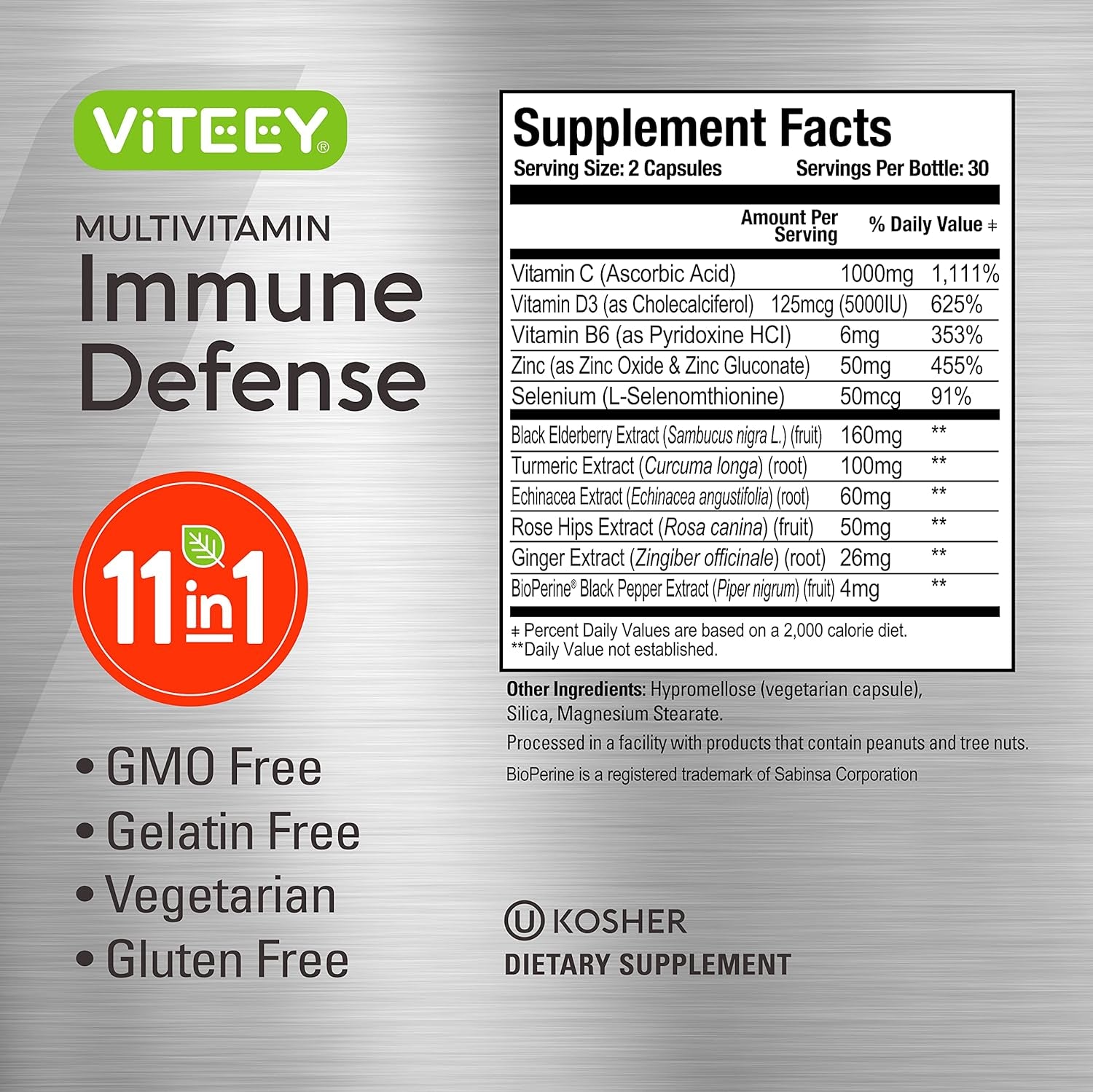 11 in 1 Multivitamin Immune Defense Supplement - Immune Booster Capsules for Adults - Vitamin C, Vitamin D3, Vitamin B6, Zinc, Elderberry, Echinacea, Turmeric, Rose-Hips, Selenium, Bioperine, Ginger