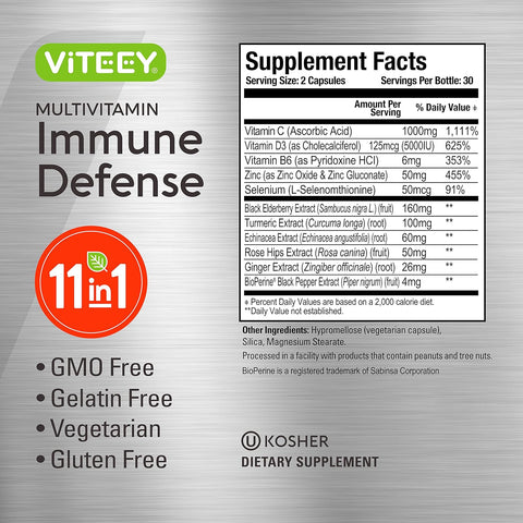 11 in 1 Multivitamin Immune Defense Supplement - Immune Booster Capsules for Adults - Vitamin C, Vitamin D3, Vitamin B6, Zinc, Elderberry, Echinacea, Turmeric, Rose-Hips, Selenium, Bioperine, Ginger