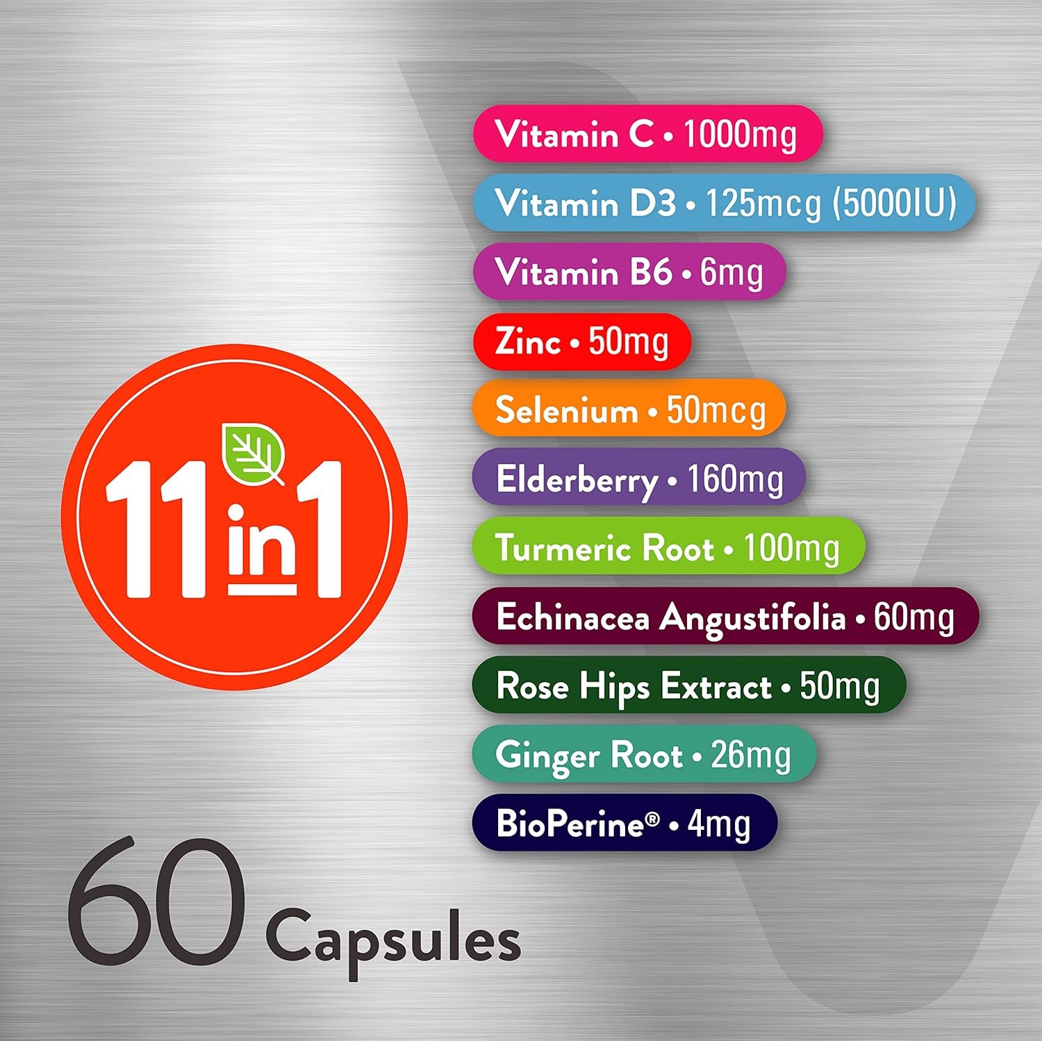 11 in 1 Multivitamin Immune Defense Supplement - Immune Booster Capsules for Adults - Vitamin C, Vitamin D3, Vitamin B6, Zinc, Elderberry, Echinacea, Turmeric, Rose-Hips, Selenium, Bioperine, Ginger