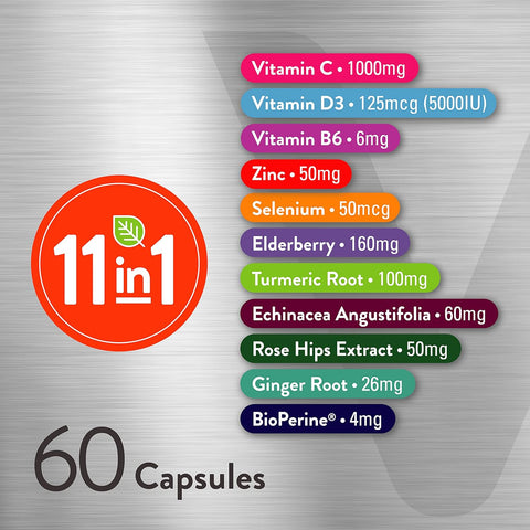 11 in 1 Multivitamin Immune Defense Supplement - Immune Booster Capsules for Adults - Vitamin C, Vitamin D3, Vitamin B6, Zinc, Elderberry, Echinacea, Turmeric, Rose-Hips, Selenium, Bioperine, Ginger