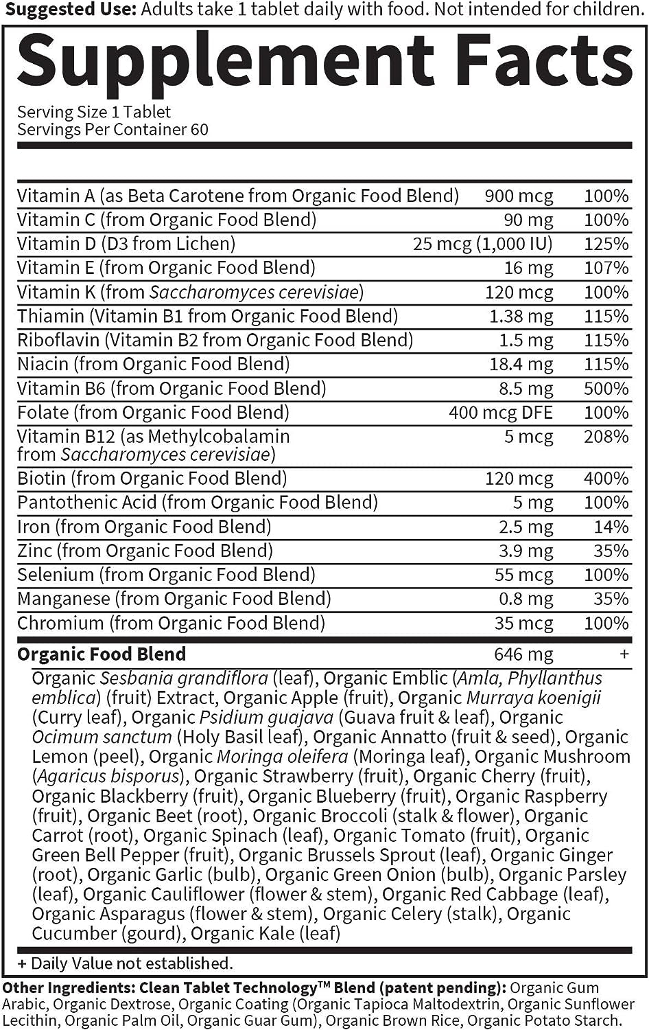 Organics Multivitamin for Women - Women'S Once Daily Multi - 60 Tablets, Whole Food Multi with Iron, Biotin, Vegan Organic Vitamin for Women'S Health, Energy Hair Skin and Nails