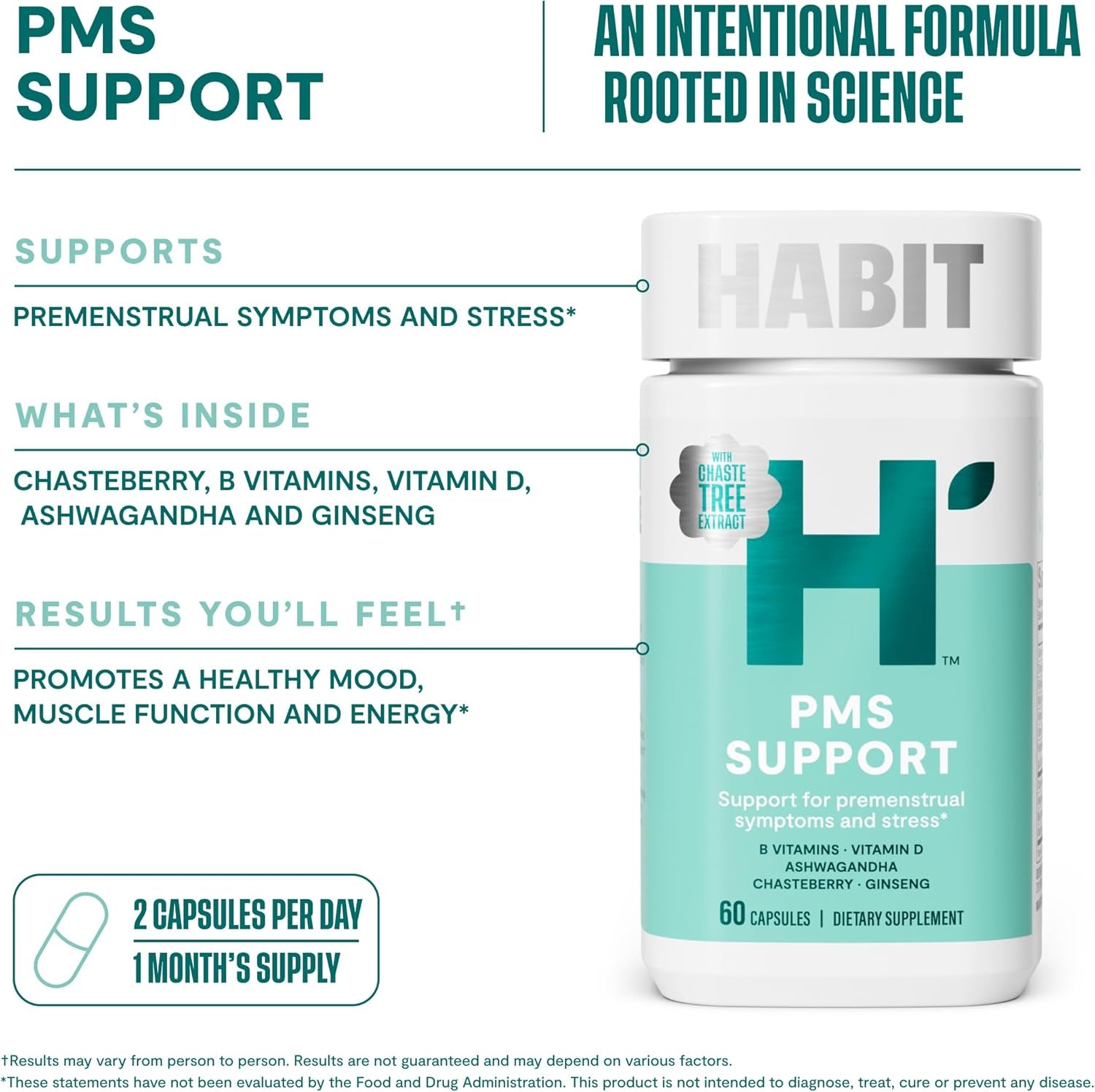 HABIT PMS Support Supplement for Women (60 Capsules) - Supports Premenstrual Symptoms & Stress, Hormone Balance, Mood, B Vitamins, Vitamin D, Chasteberry, Ashwagandha, Gluten-Free, Non-Gmo (1 Pack)