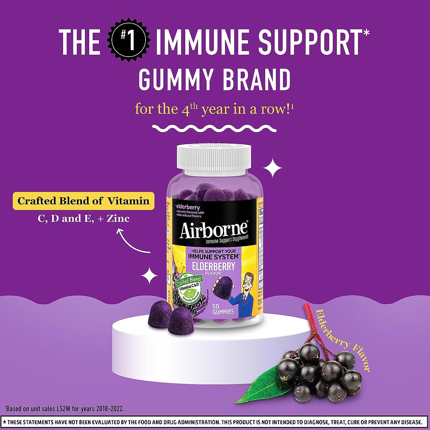 Elderberry + Zinc & Vitamin C Gummies for Adults, Immune Support Vitamin D & Zinc Gummies with Powerful Antioxidant Vitamins C D & E - 50 Gummies, Elderberry Flavor