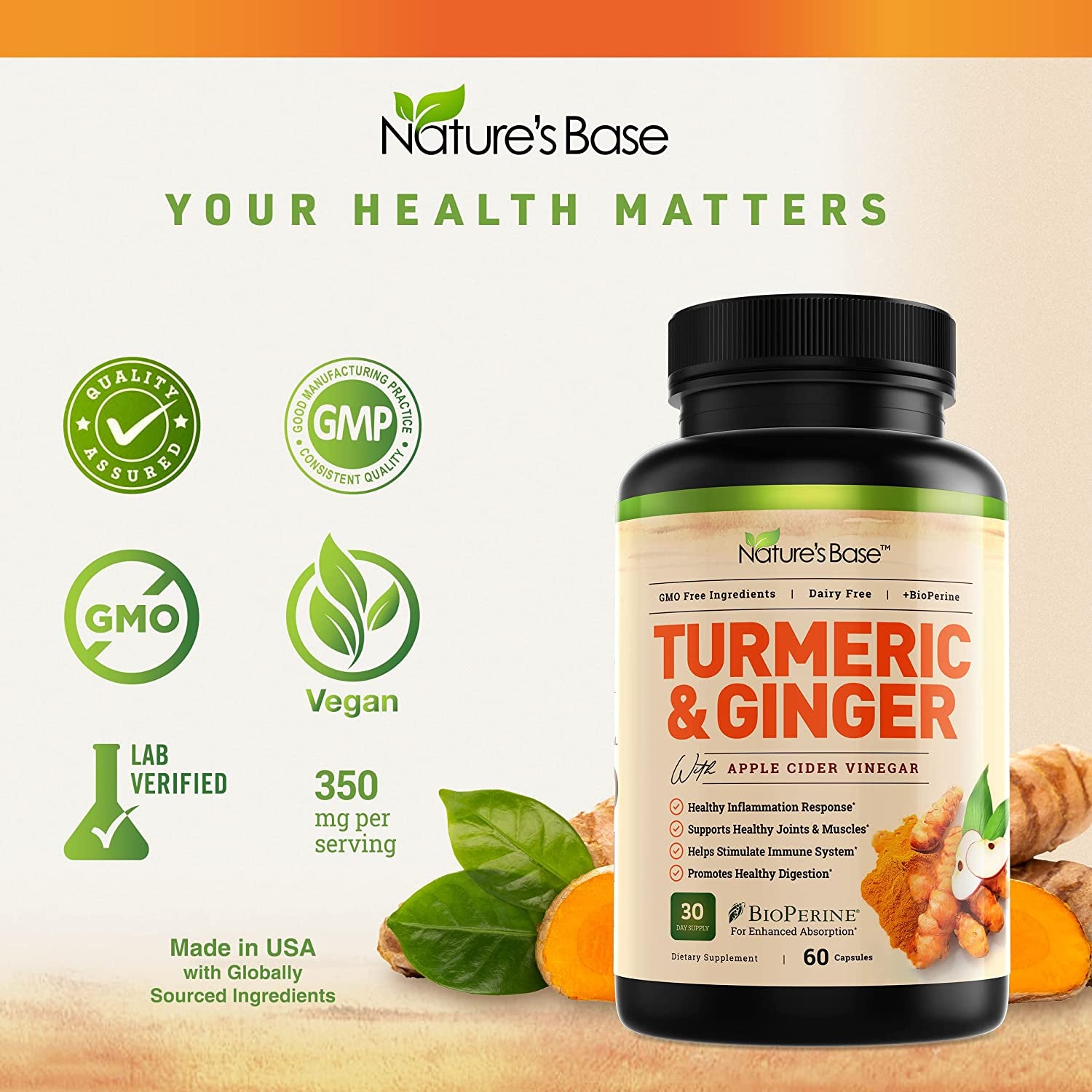 Turmeric and Ginger Supplement - Tumeric Curcumin Joint Support Pills - with Apple Cider Vinegar & Bioperine Black Pepper - 95% Curcuminoids - 60 Capsules
