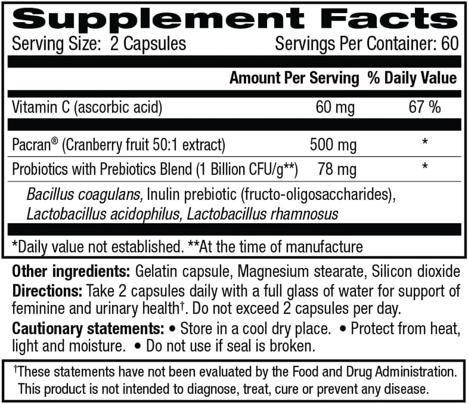 Probiotics with Prebiotics and Cranberry Feminine Health Supplement - 120 Capsules (544-36)