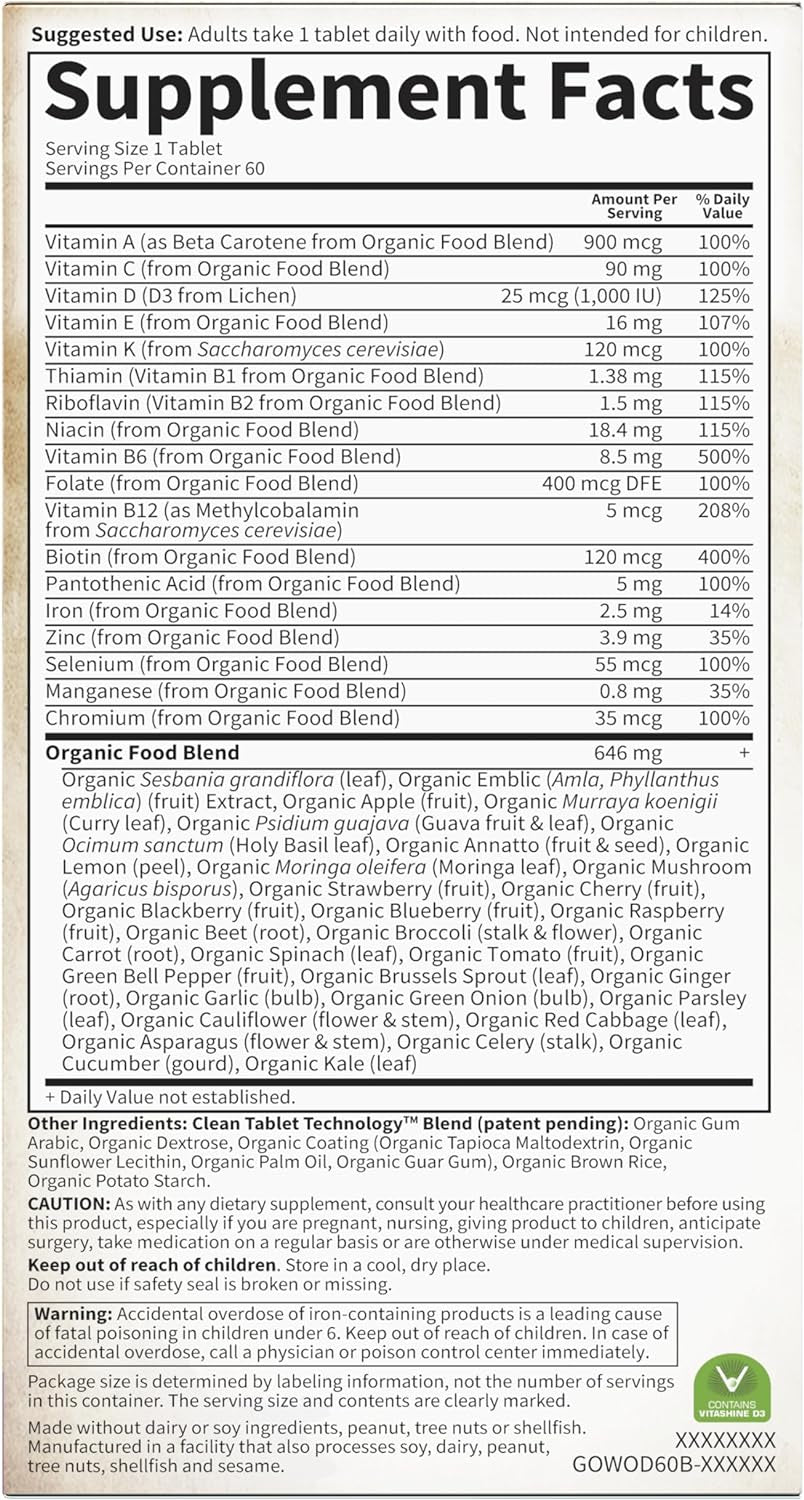 Organics Multivitamin for Women - Women'S Once Daily Multi - 60 Tablets, Whole Food Multi with Iron, Biotin, Vegan Organic Vitamin for Women'S Health, Energy Hair Skin and Nails