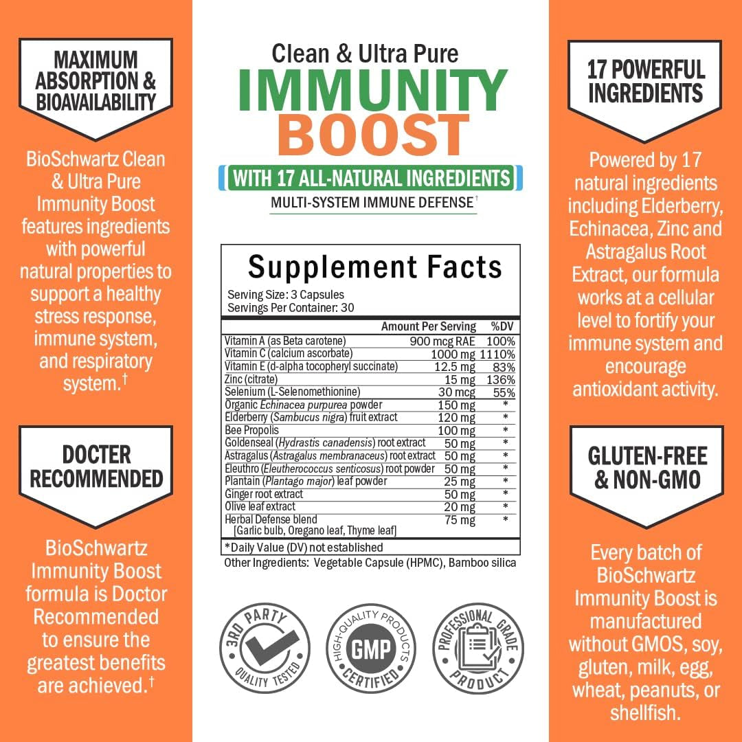 Immune Support Supplement with Vitamin C 1000Mg Zinc Elderberry Extract Ginger Root Beta Carotenes, Immunity Boost for Adults, Natural Immune Defense Antioxidant Vitamins, 90 Capsules