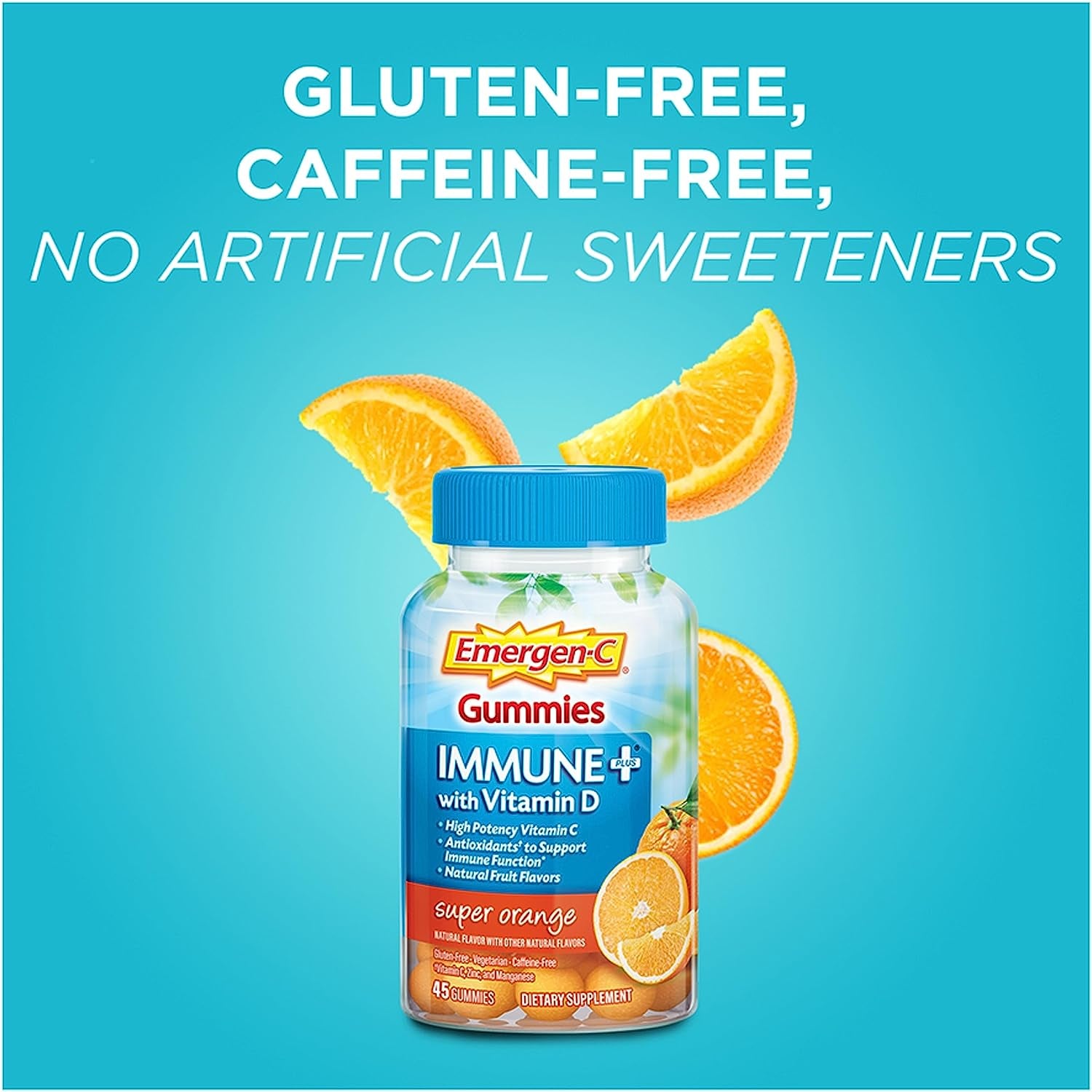 Immune+ Immune Gummies, Vitamin D plus 750 Mg Vitamin C, Immune Support Dietary Supplement, Caffeine Free, Gluten Free, Super Orange Flavor - 45 Count