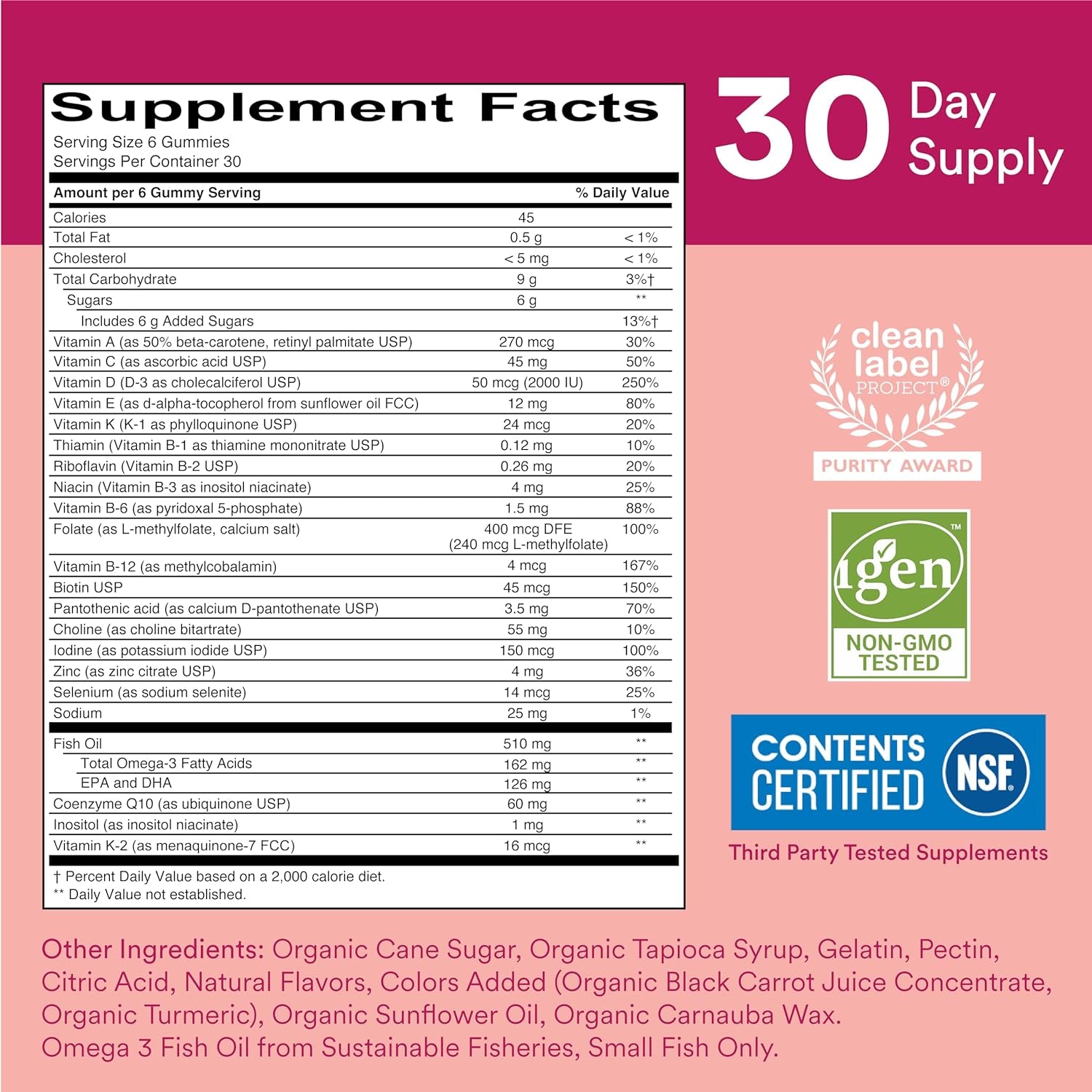 Women'S Multivitamin Gummies: Omega 3 Fish Oil (EPA/DHA), Methylfolate, Coq10, Vitamin D3, C, Vitamin B12, B6, Vitamin A, K & Zinc, Gluten Free, 180 Count (30 Day Supply)