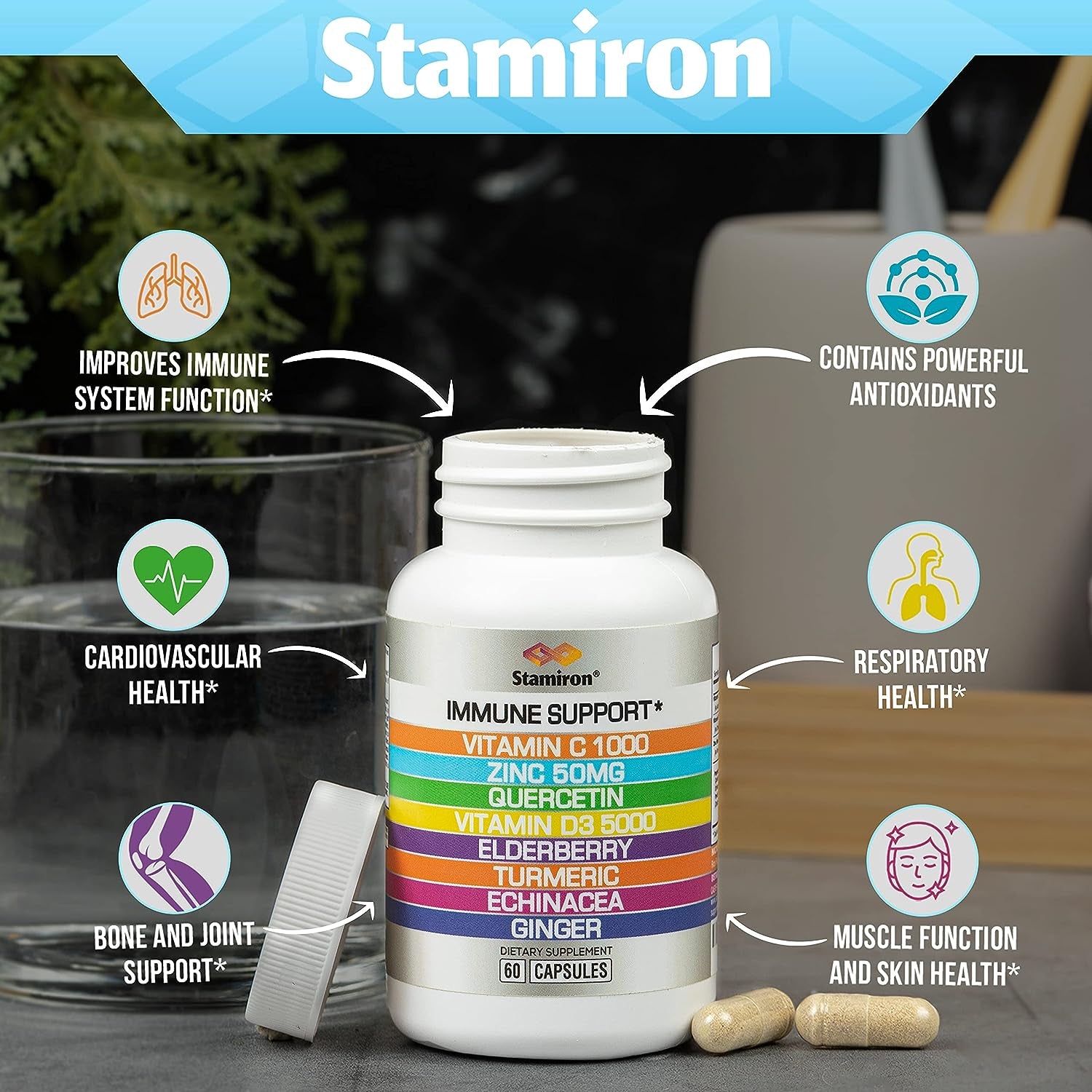 8 in 1 Immune Support with Quercetin Zinc 50Mg Vitamin C 1000Mg Vitamin D3 5000 IU and Elderberry Echinacea Ginger for Adults Kids - Vit D Immunity Defense Booster Supplement Veg Capsules Made in USA