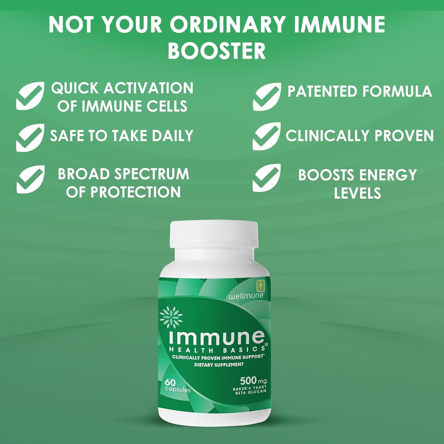 Ultra Strength Immunity - Clinically Proven Immune Support - Wellmune Highly Purified Beta Glucan - Gluten-Free, Non-Allergenic, Non-Gmo and Vegan Capsules - 60 Capsules, 500 Mg