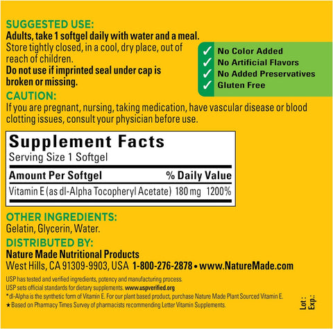 Vitamin E 180 Mg (400 IU) Dl-Alpha, Dietary Supplement for Antioxidant Support, 300 Softgels, 300 Day Supply