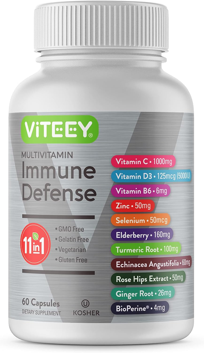 11 in 1 Multivitamin Immune Defense Supplement - Immune Booster Capsules for Adults - Vitamin C, Vitamin D3, Vitamin B6, Zinc, Elderberry, Echinacea, Turmeric, Rose-Hips, Selenium, Bioperine, Ginger