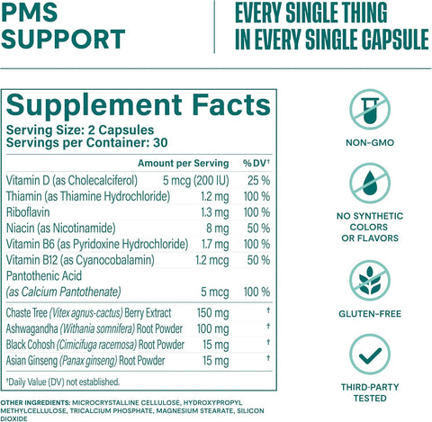 HABIT PMS Support Supplement for Women (60 Capsules) - Supports Premenstrual Symptoms & Stress, Hormone Balance, Mood, B Vitamins, Vitamin D, Chasteberry, Ashwagandha, Gluten-Free, Non-Gmo (1 Pack)