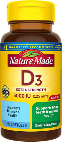 Extra Strength Vitamin D3 5000 IU (125 Mcg), Dietary Supplement for Bone, Teeth, Muscle and Immune Health Support, 180 Softgels, 180 Day Supply