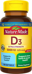 Extra Strength Vitamin D3 5000 IU (125 Mcg), Dietary Supplement for Bone, Teeth, Muscle and Immune Health Support, 180 Softgels, 180 Day Supply