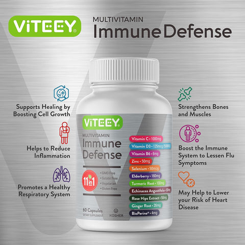 11 in 1 Multivitamin Immune Defense Supplement - Immune Booster Capsules for Adults - Vitamin C, Vitamin D3, Vitamin B6, Zinc, Elderberry, Echinacea, Turmeric, Rose-Hips, Selenium, Bioperine, Ginger