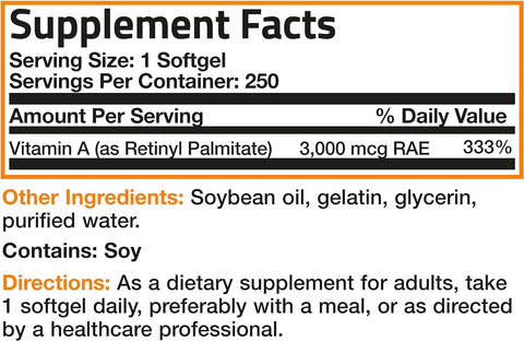 Vitamin a 10,000 IU Premium Non-Gmo Formula Supports Healthy Vision & Immune System and Healthy Growth & Reproduction, 250 Softgels