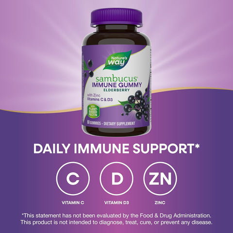 Nature’S Way Sambucus Elderberry Immune Gummies, Daily Immune Support for Kids and Adults*, with Vitamin C, Vitamin D3, Zinc, Gluten Free, Vegetarian, 60 Gummies (Packaging May Vary)