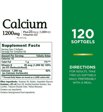 Calcium Carbonate & Vitamin D, Supports Immune Health & Bone Health, 1200Mg Calcium & 1000IU Vitamin D3, 120 Softgels