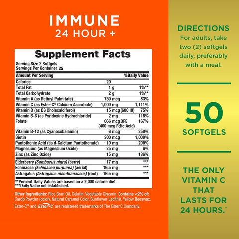 Immune 24 Hour +, the Only Vitamin C with 24 Hour Immune Support from Ester C, Rapid Release Softgels, 50 Count