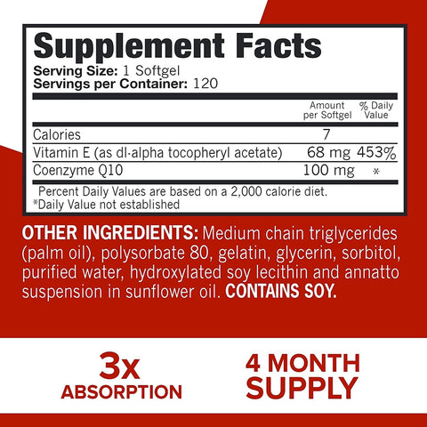 Coq10 100Mg Softgels, Ultra Coq10 100Mg, 3X Better Absorption, Antioxidant for Heart Health & Energy Production, Coenzyme Q10 Vitamins and Supplements, 4 Month Supply, 120 Count