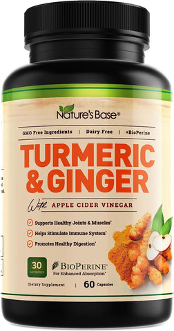 Turmeric and Ginger Supplement - Tumeric Curcumin Joint Support Pills - with Apple Cider Vinegar & Bioperine Black Pepper - 95% Curcuminoids - 60 Capsules