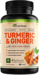 Turmeric and Ginger Supplement - Tumeric Curcumin Joint Support Pills - with Apple Cider Vinegar & Bioperine Black Pepper - 95% Curcuminoids - 60 Capsules