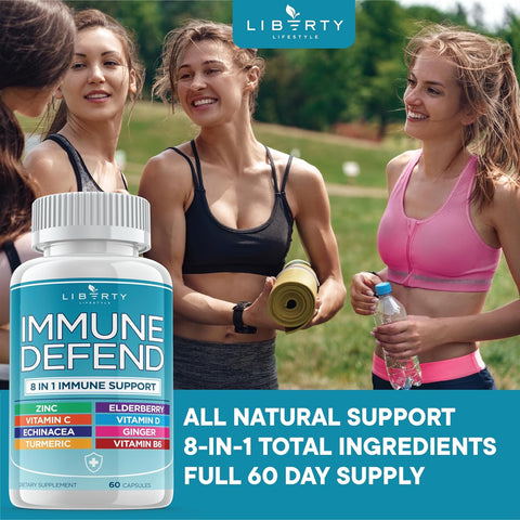 8 in 1 Immune Defense Support, Immunity Vitamins Supplement Booster with Zinc 50Mg, Vitamin C Elderberry Vit D3 5000 IU, Turmeric Curcumin & Ginger, Echinacea - Allergy Relief for Kids Adults (2 Pack)