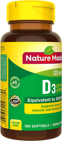 Extra Strength Vitamin D3 5000 IU (125 Mcg), Dietary Supplement for Bone, Teeth, Muscle and Immune Health Support, 180 Softgels, 180 Day Supply