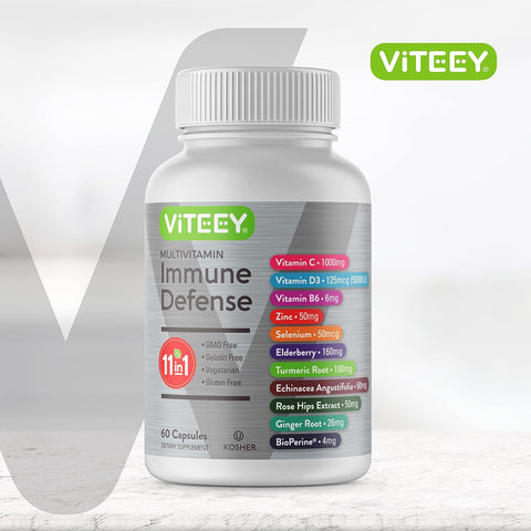 11 in 1 Multivitamin Immune Defense Supplement - Immune Booster Capsules for Adults - Vitamin C, Vitamin D3, Vitamin B6, Zinc, Elderberry, Echinacea, Turmeric, Rose-Hips, Selenium, Bioperine, Ginger
