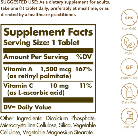 Dry Vitamin a 1500 Mcg (5000 IU), 100 Tablets - Supports Healthy Eyes, Skin & Immune System - Non-Gmo, Vegan, Gluten Free, Dairy Free, Kosher - 100 Servings
