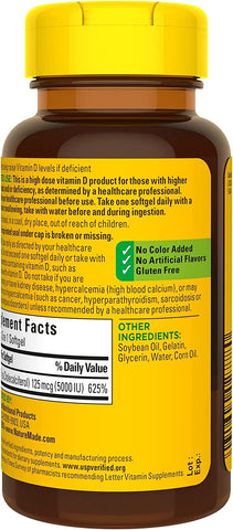 Extra Strength Vitamin D3 5000 IU (125 Mcg), Dietary Supplement for Bone, Teeth, Muscle and Immune Health Support, 180 Softgels, 180 Day Supply