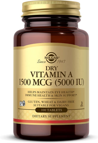 Dry Vitamin a 1500 Mcg (5000 IU), 100 Tablets - Supports Healthy Eyes, Skin & Immune System - Non-Gmo, Vegan, Gluten Free, Dairy Free, Kosher - 100 Servings