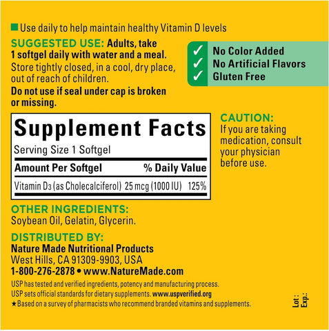 Vitamin D3 1000 IU (25 Mcg), Dietary Supplement for Bone, Teeth, Muscle and Immune Health Support, 300 Softgels, 300 Day Supply