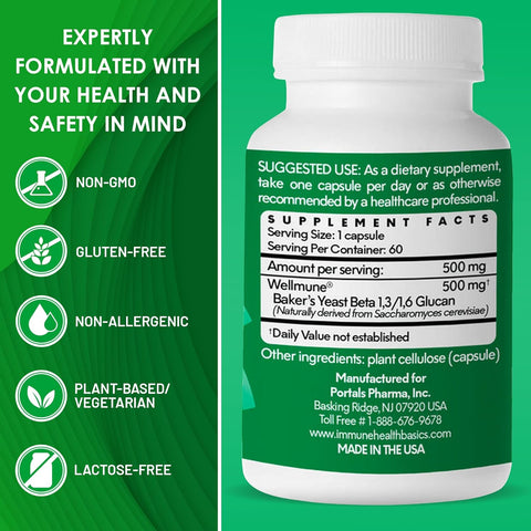 Ultra Strength Immunity - Clinically Proven Immune Support - Wellmune Highly Purified Beta Glucan - Gluten-Free, Non-Allergenic, Non-Gmo and Vegan Capsules - 60 Capsules, 500 Mg