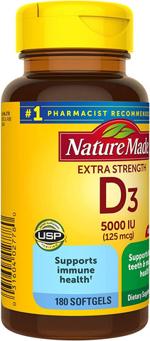 Extra Strength Vitamin D3 5000 IU (125 Mcg), Dietary Supplement for Bone, Teeth, Muscle and Immune Health Support, 180 Softgels, 180 Day Supply