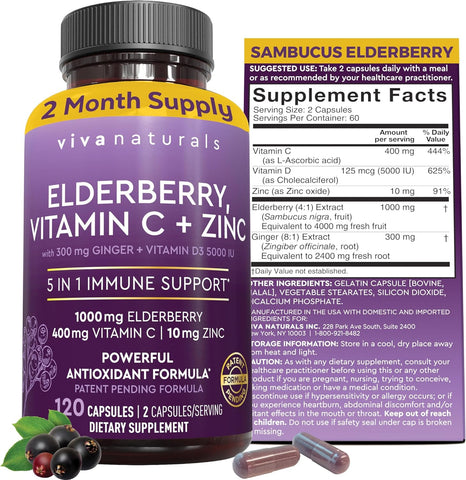 Elderberry with Vitamin C and Zinc for Adults - 5 in 1 Sambucus Black Elderberry Capsules with Vitamin D3 5000 IU, Elderberries Immune Support Supplement 2 Months Supply Pills