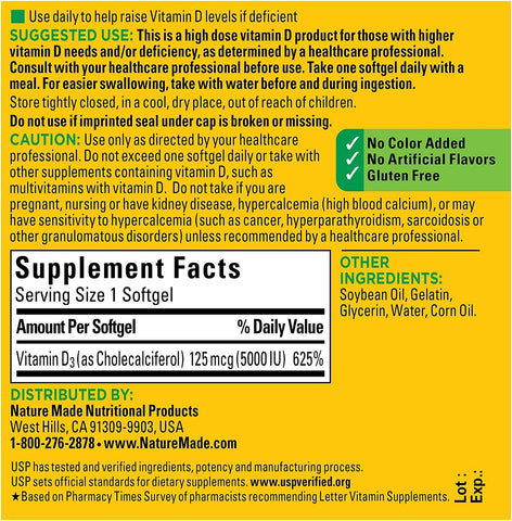 Extra Strength Vitamin D3 5000 IU (125 Mcg), Dietary Supplement for Bone, Teeth, Muscle and Immune Health Support, 180 Softgels, 180 Day Supply