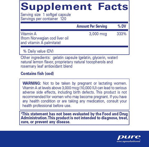 Vitamin a - 3,000 Mcg - from Cod Liver Oil - Immune & Vision Support* - Vitamin a Palmitate Supplement - Non-Gmo - 120 Softgel Capsules